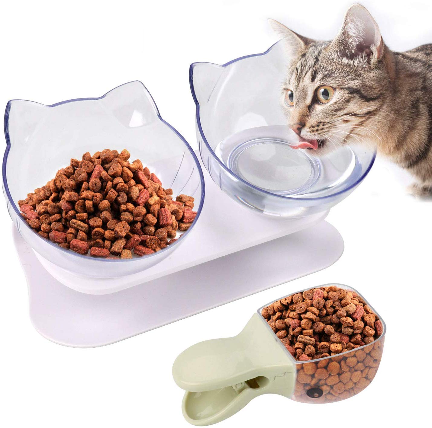 Cat Bowls ,15°Tilted Platform Double Bowl Cat Feeder Cat Feeding Bowl Raised with Stand , Anti-skid&Anti-spill , Durable