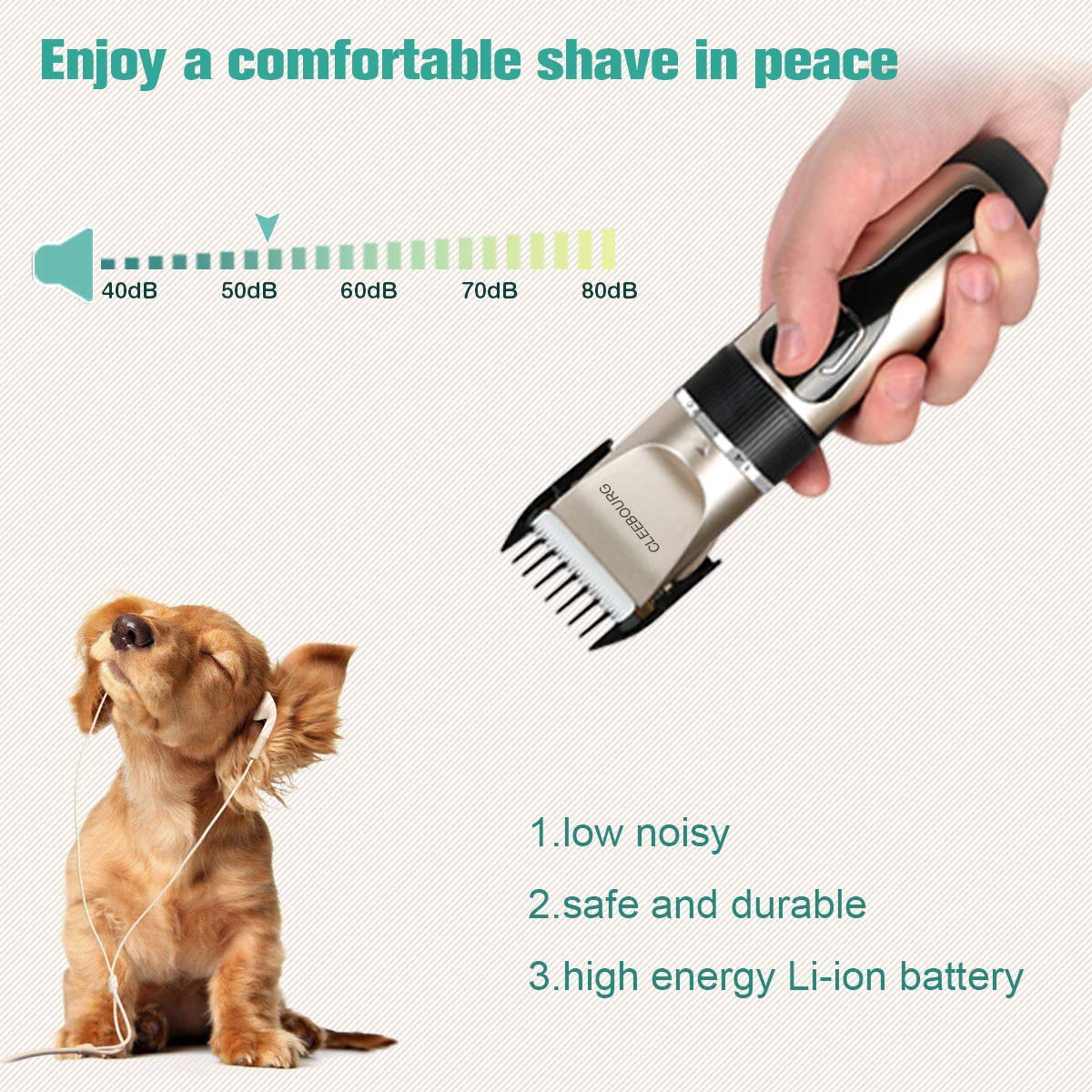 CLEEBOURG Dog Clipper, Low Noise Pet Clippers Rechargeable Cordless Cat ...