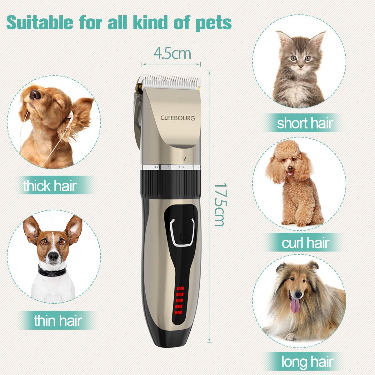 CLEEBOURG Dog Clipper, Low Noise Pet Clippers Rechargeable Cordless Cat ...