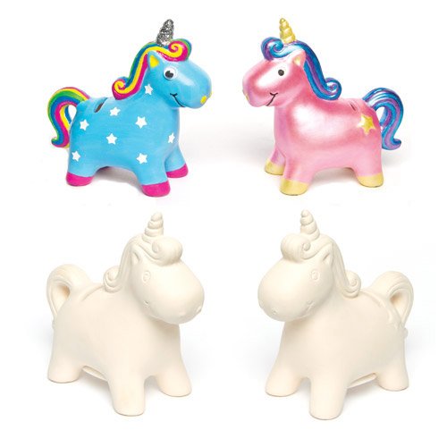 Baker Ross AG696 Unicorn Ceramic Coin Banks (Pack of 2) for Kids To Decorate Arts and Crafts, 121mm x 117mm x 53mm