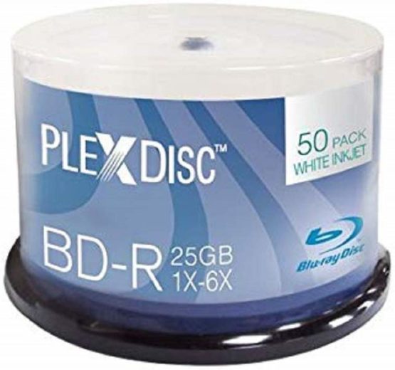 PlexDisc 25 GB 6x Blu-ray Inkjet Printable Single Layer Recordable Disc BD-R, 50-Disc Spindle - White