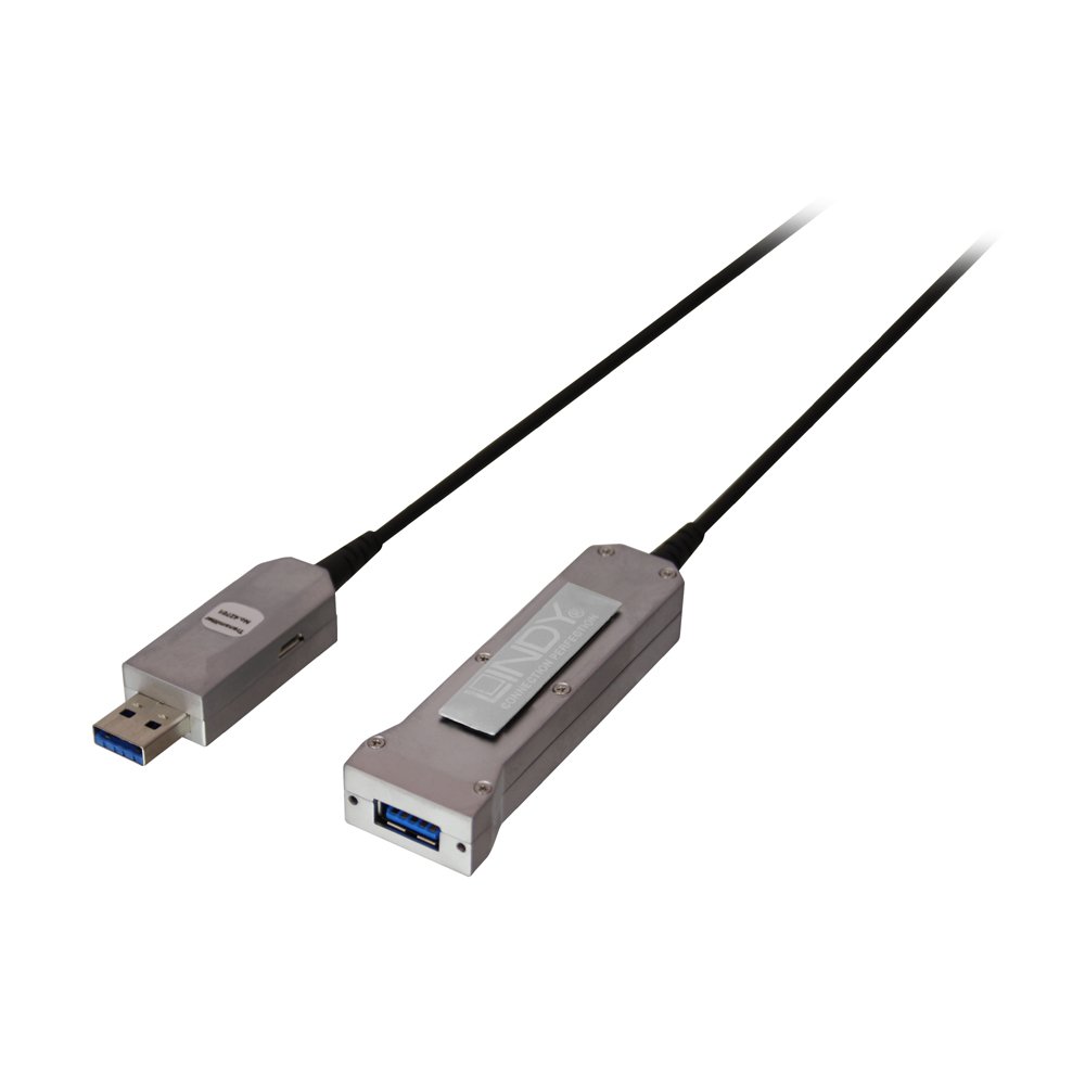 LINDY 50 m Bus Powered Hybrid Fibre Optic USB 3.1 Cable, Black / Silver
