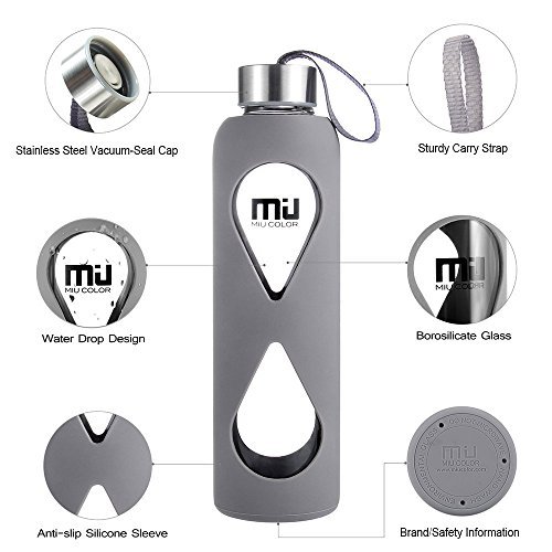 MIU COLOR Glass Water Bottle 550ml with Anti-slip Silicone Sleeve, Leak ...