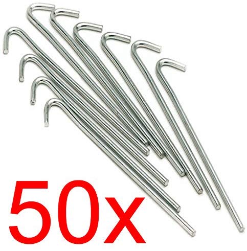 Pack of 50 Alloy Steel Long Tent Pegs, 9" (23cm) for Camping Gazebos, Tarps, Netting, Football Goals, Curved Hook On Top