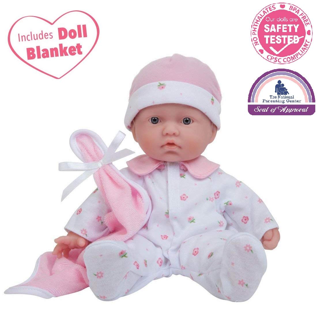 JC Toys La Baby Soft Body Doll, 27.9 cm, Washable, Removable Clothes, Pink with Hat and Blanket for 12 Months +