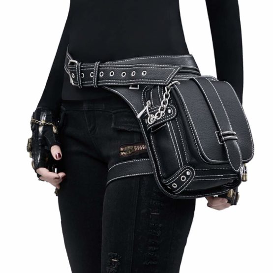 FiveloveTwo® Men Women Leather Multi-functional Tactical Drop Leg Waist Bag Pack Hiking Camping Trekking Cycling Hip Belt Fanny Messenger Bag Black
