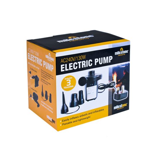 Milestone Camping 83150 Electric Air Pump / Inflate Or Deflate Airbeds, Paddling Pools & Other Toys / AC240V-130W / Portable & Lightweight / Includes 3 Nozzles - Image 2