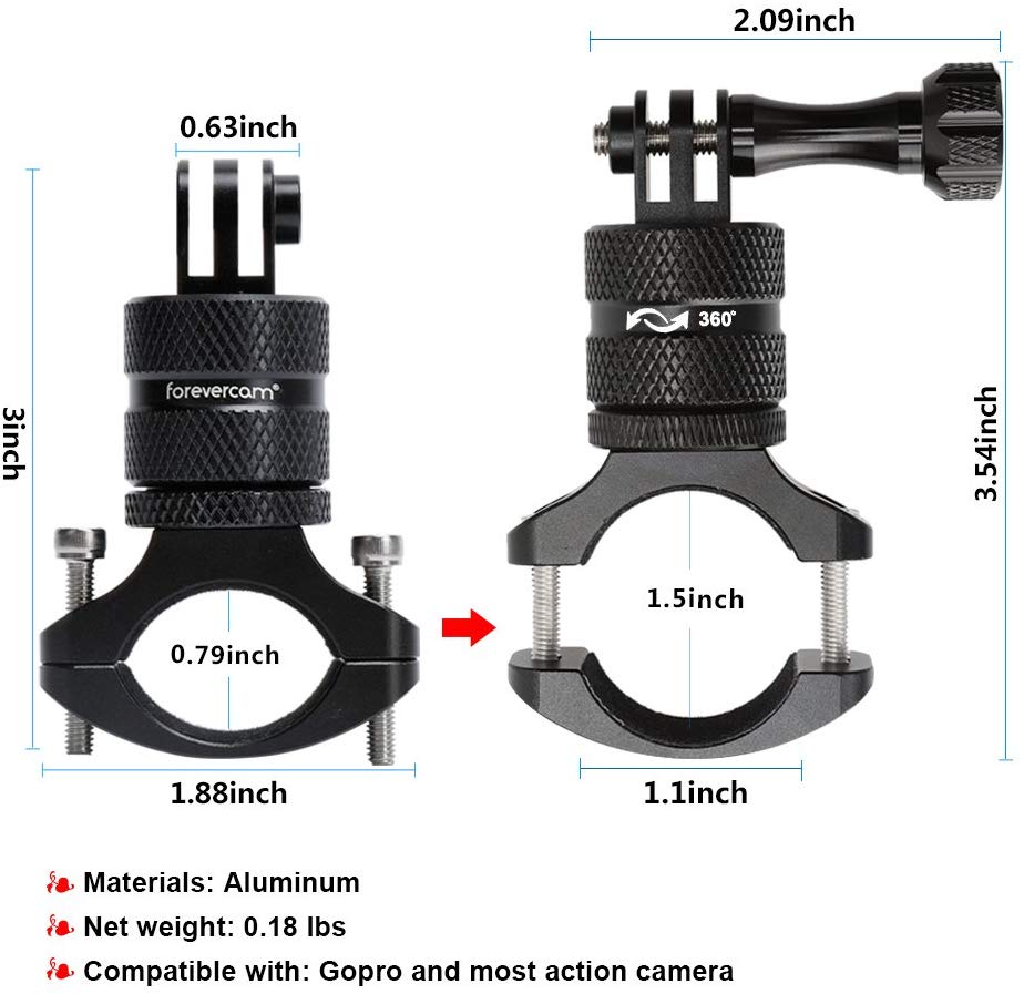 Forevercam Metal Bicycle Mount for GoPro Camera Handlebar Aluminium Mountain Bike Holder 360 Degree Rotation Rack Cradle Compatible Gopro DJI Insta Action Camera - Image 3