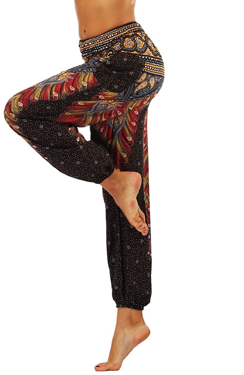 Nuofengkudu Baggy Indian Hippie Pants for Women Boho Vintage Floral Patterned Elasticated High Waist Black Peacock Print Comfortable Harem Pyjama Trousers for Yoga Summer Beach(Size: One Size) - Image 2