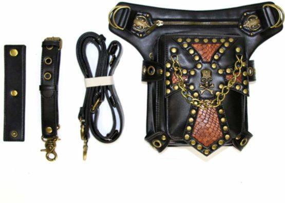 FiveloveTwo® Steampunk Vintage PU Leather Waist Pack Hiking Fanny Pack Small Purse Multi-purpose Tactical Drop Leg Arm Shoulder Bag with Hip Belt