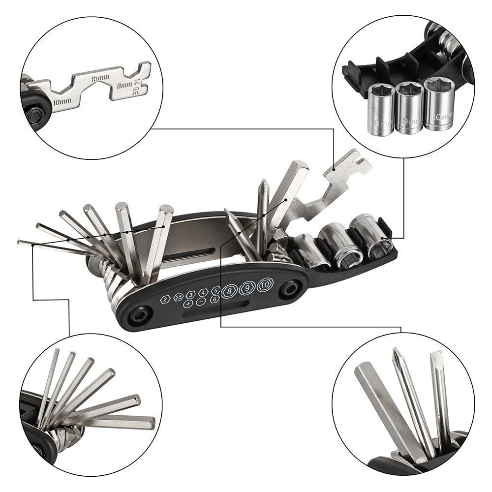 WOTOW 16 in 1 Multi-Function Bike Bicycle Repair Tool Kit Allen Wrench with Tire Pry Bars Rods (Black, 16 in 1 Tool with Bag) - Image 3