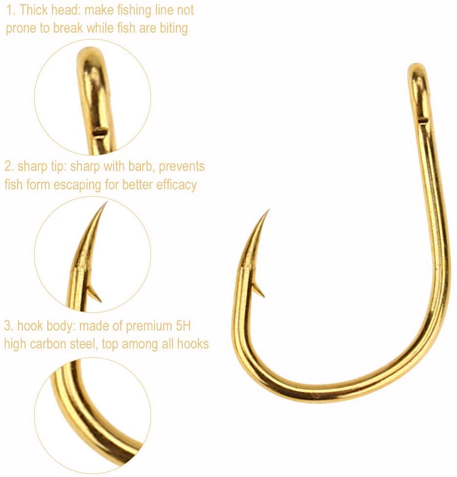 VGEBY 500Pcs 10 Sizes Fishing Hooks Set Steel Treble Hooks with Plastic box (Color : Gold) - Image 3