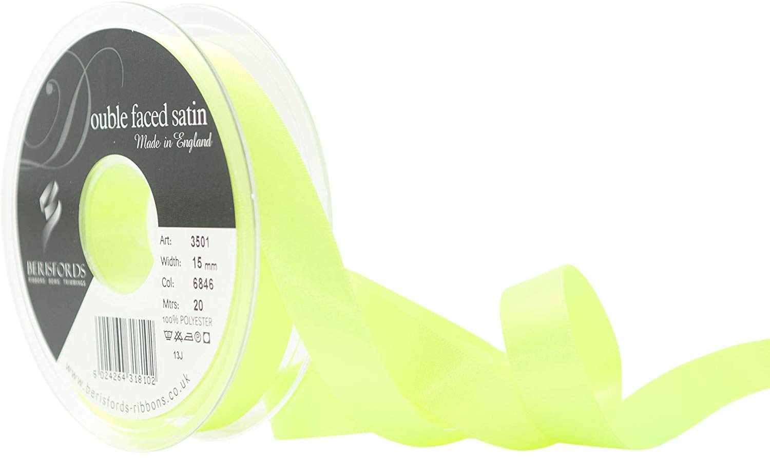 Berisfords Double Satin Ribbon, Flo Yellow, 15 mm