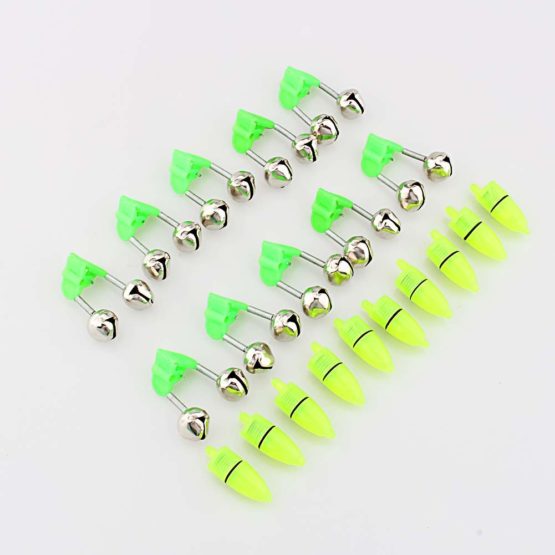 Set of 10 Fishing Alarm Light LED Twin Bells Fishing Tackle Night Fishing Accessory Portable Night Sea Fish Green Rod Clip Tip Fish Bait Alarm