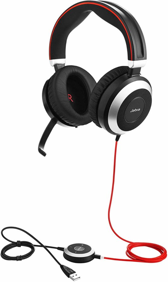 Jabra Evolve 80 MS Wired Stereo Over-Ear Headset – Microsoft Teams Certified Headphones With Active Noise Cancellation – USB-C Cable and 3.5 mm Jack Connections – black