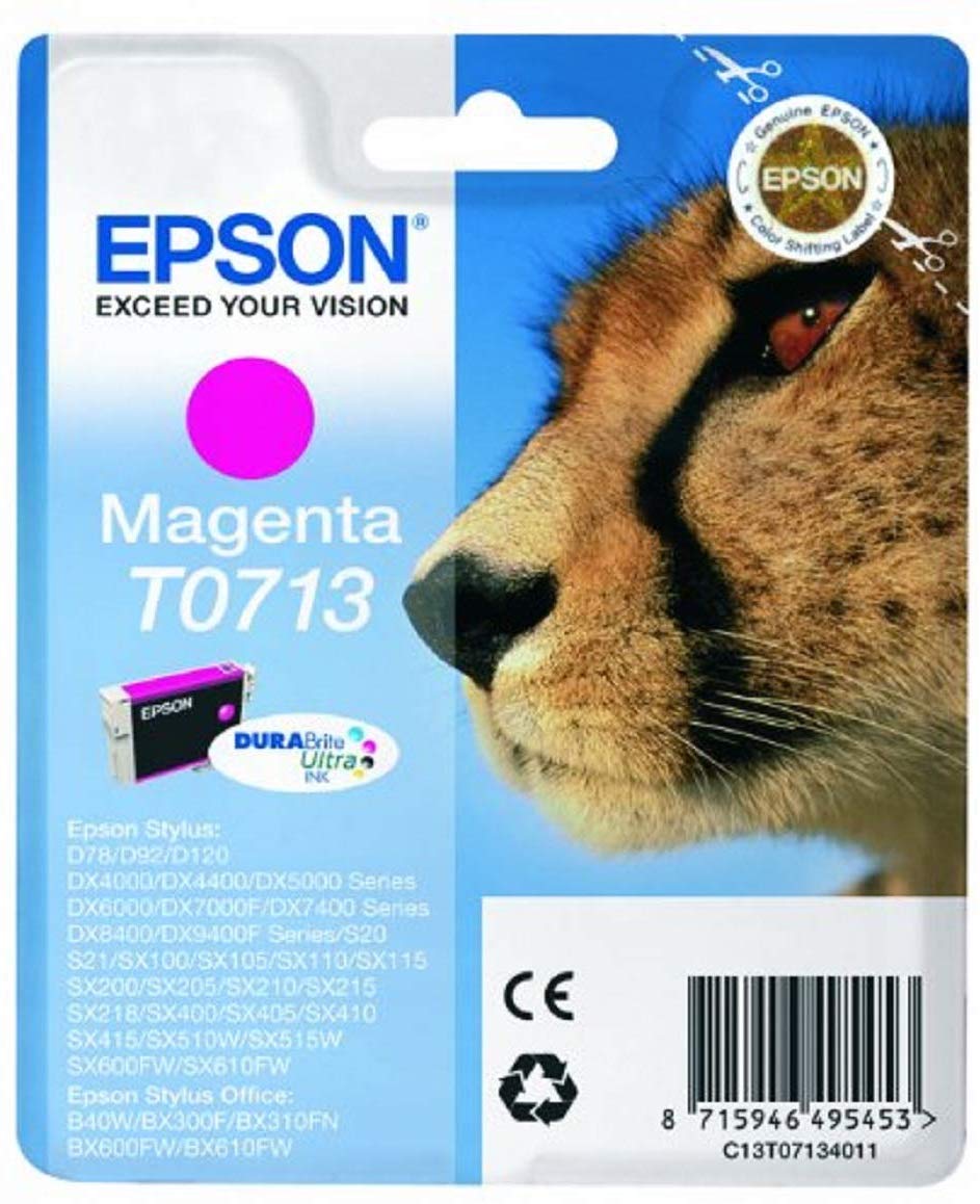 Epson T0713 Cheetah Magenta, Genuine, DURABrite Ultra Ink