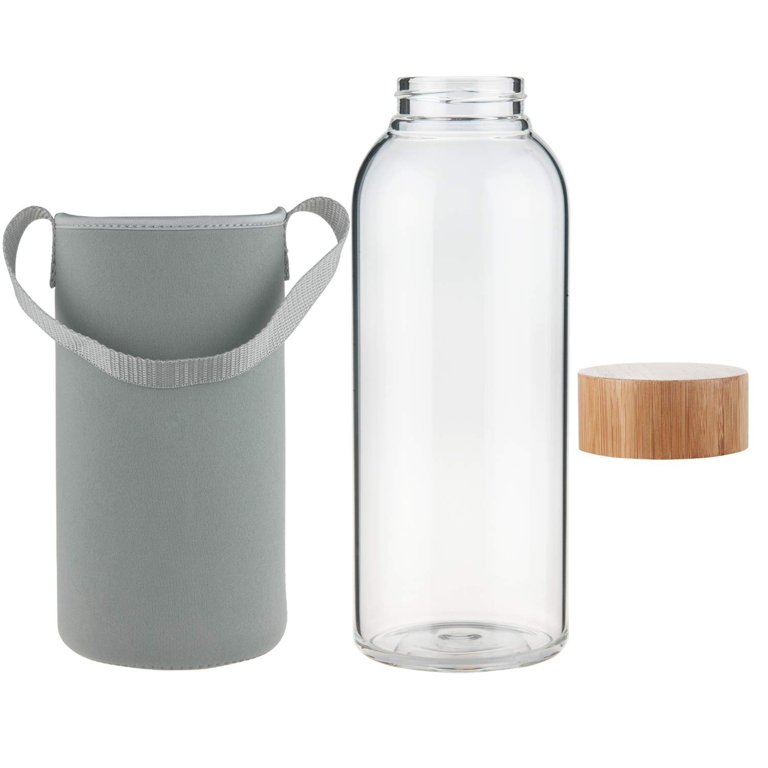 Ferexer 1.5 Litre Large Borosilicate Glass Water Bottle with Bamboo Lid with Neoprene Sleeve 1500 ml / 1.5 L Grey - Image 4