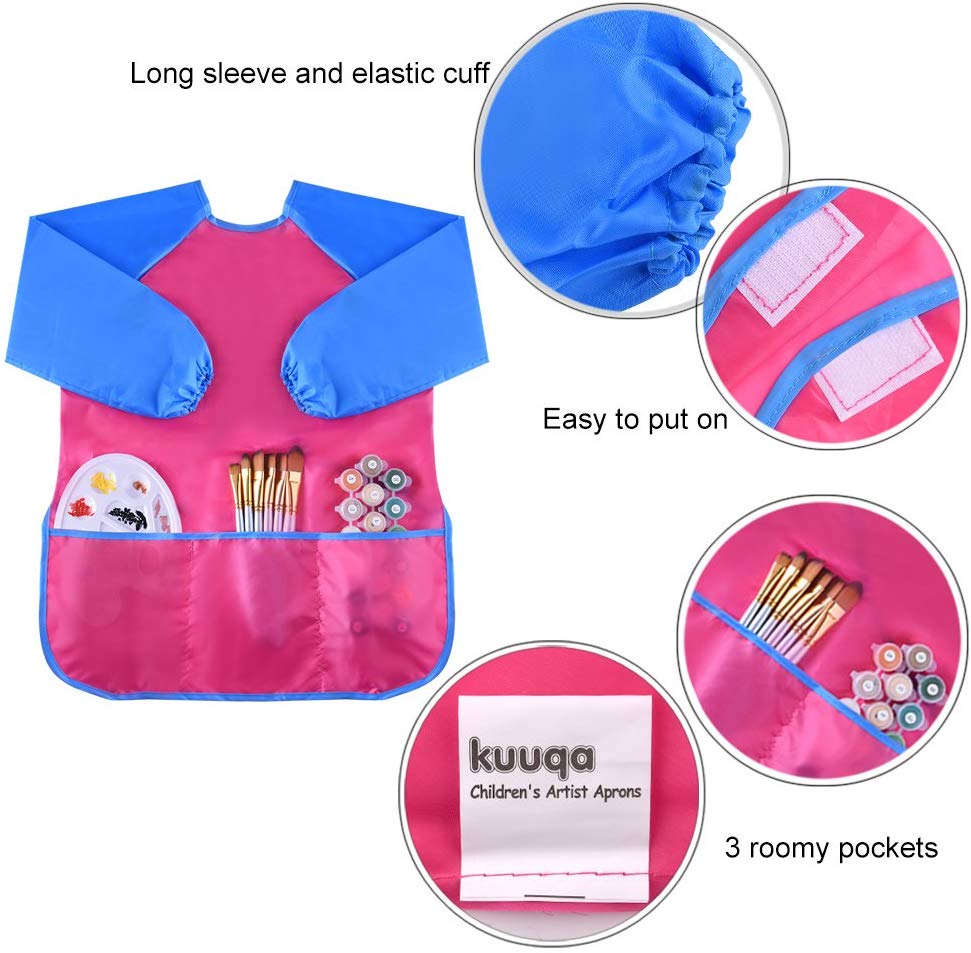 KUUQA Childrens Kids Toddler Waterproof Play Apron with 3 Roomy Pockets, Painting, Feeding Smock - Image 4