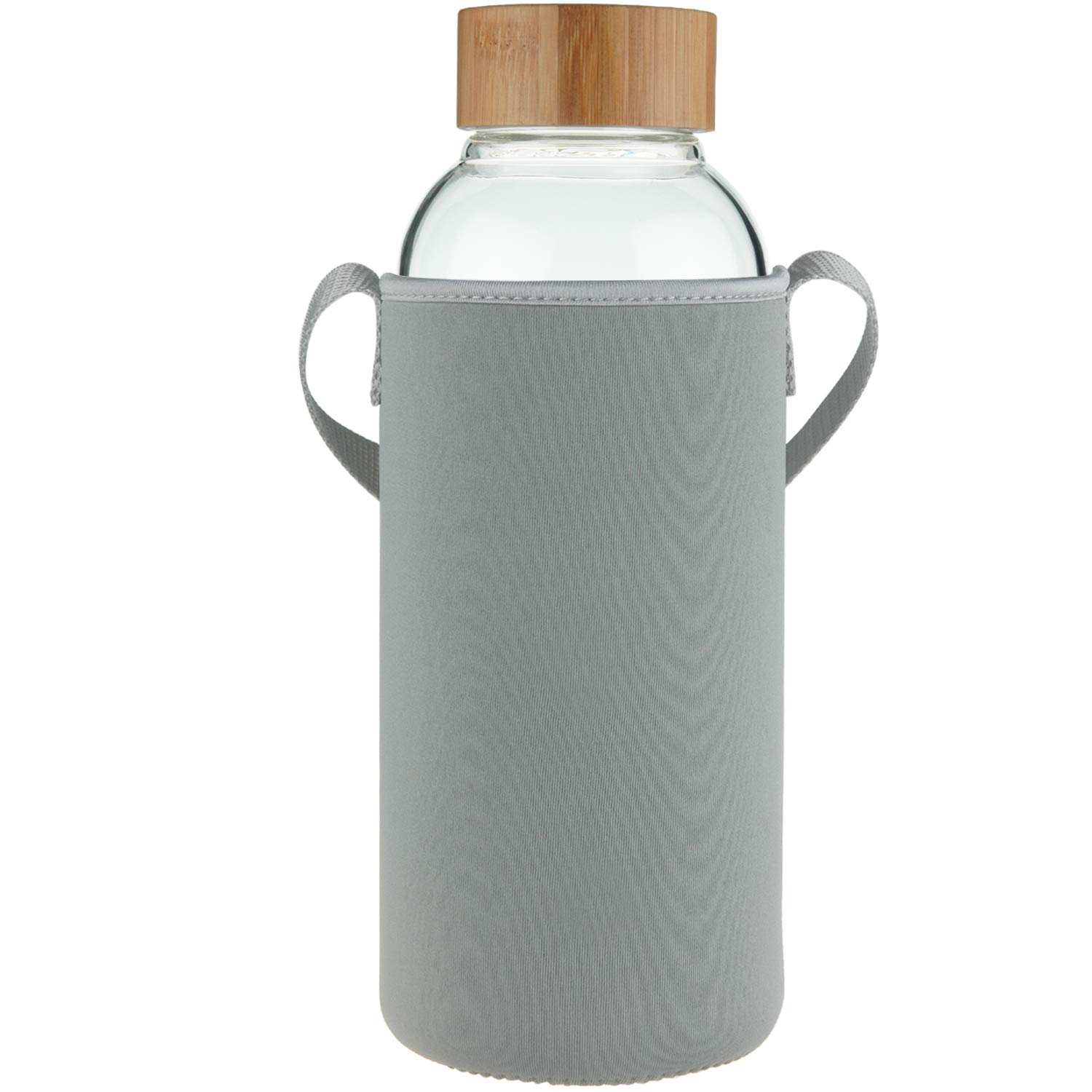 Ferexer 1.5 Litre Large Borosilicate Glass Water Bottle with Bamboo Lid with Neoprene Sleeve 1500 ml / 1.5 L Grey