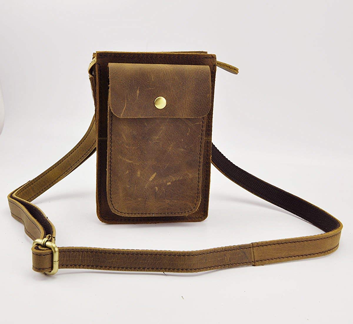 Le'aokuu Men Quality Leather Small Travel Outdoor Hip Bum Belt Waist Pack Satchel Messenger Bag Phone Pouch 021 (A2 Light Brown) - Image 2