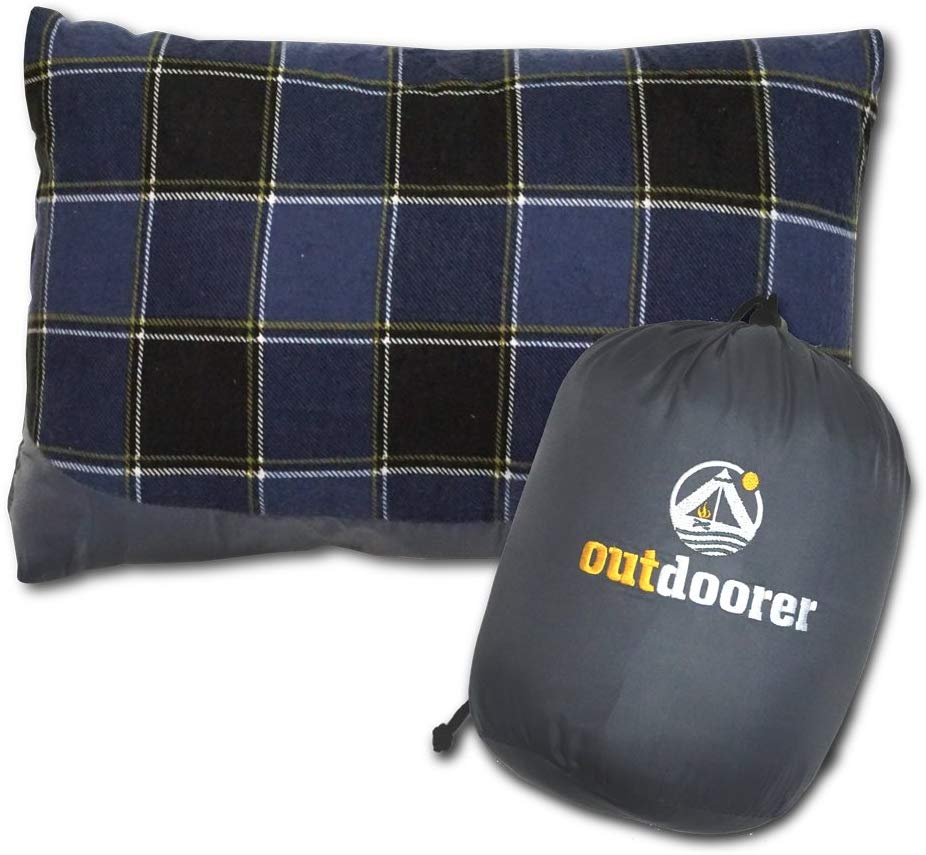 Outdoorer camping cushion, blue check, light, small packsack, travel pillow