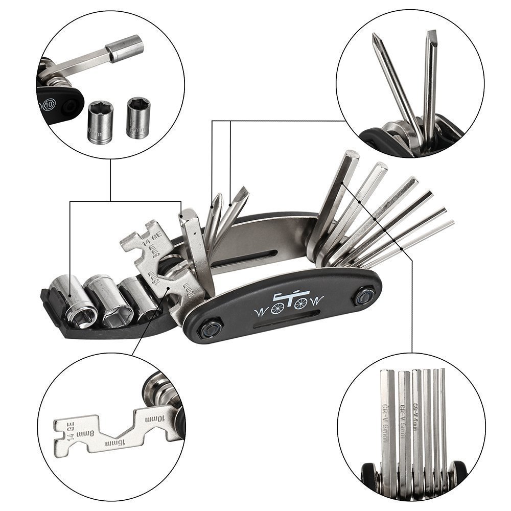WOTOW 16 in 1 Multi-Function Bike Bicycle Repair Tool Kit Allen Wrench with Tire Pry Bars Rods (Black, 16 in 1 Tool with Bag) - Image 2