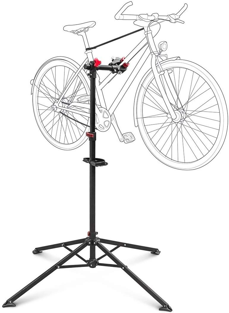 Relaxdays Bicycle Stand with Tool Storage, for Bike Maintenance & Folding and Adjustable, w 4 Legs, Steel, Black