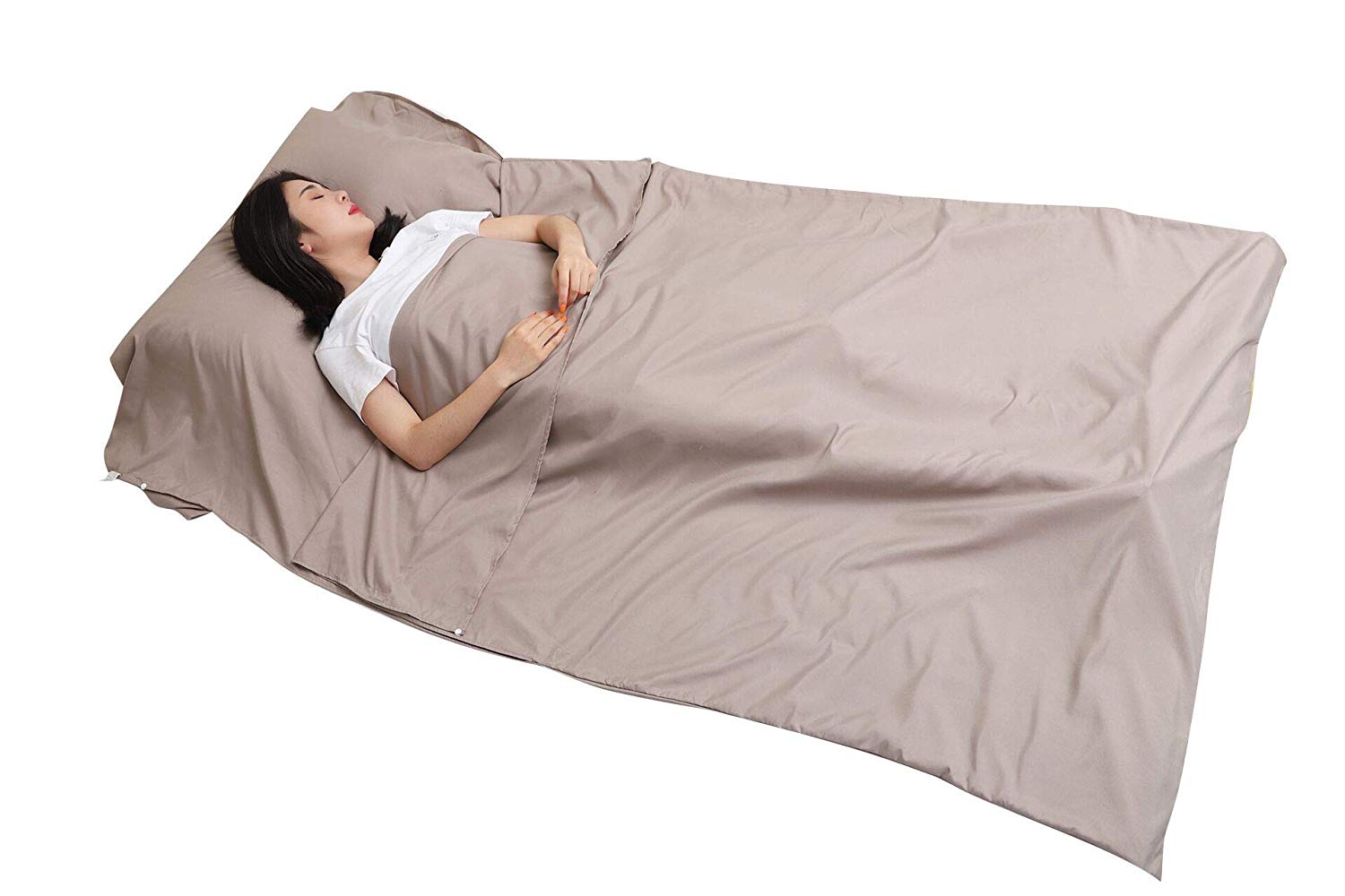 JITTY Sleeping Bag Liner 210x115cm Portable Lightweight Travel Sheet With Pillow Slot for Hotel Hostels Business Camping Backpacking Hiking Home(Khaki)