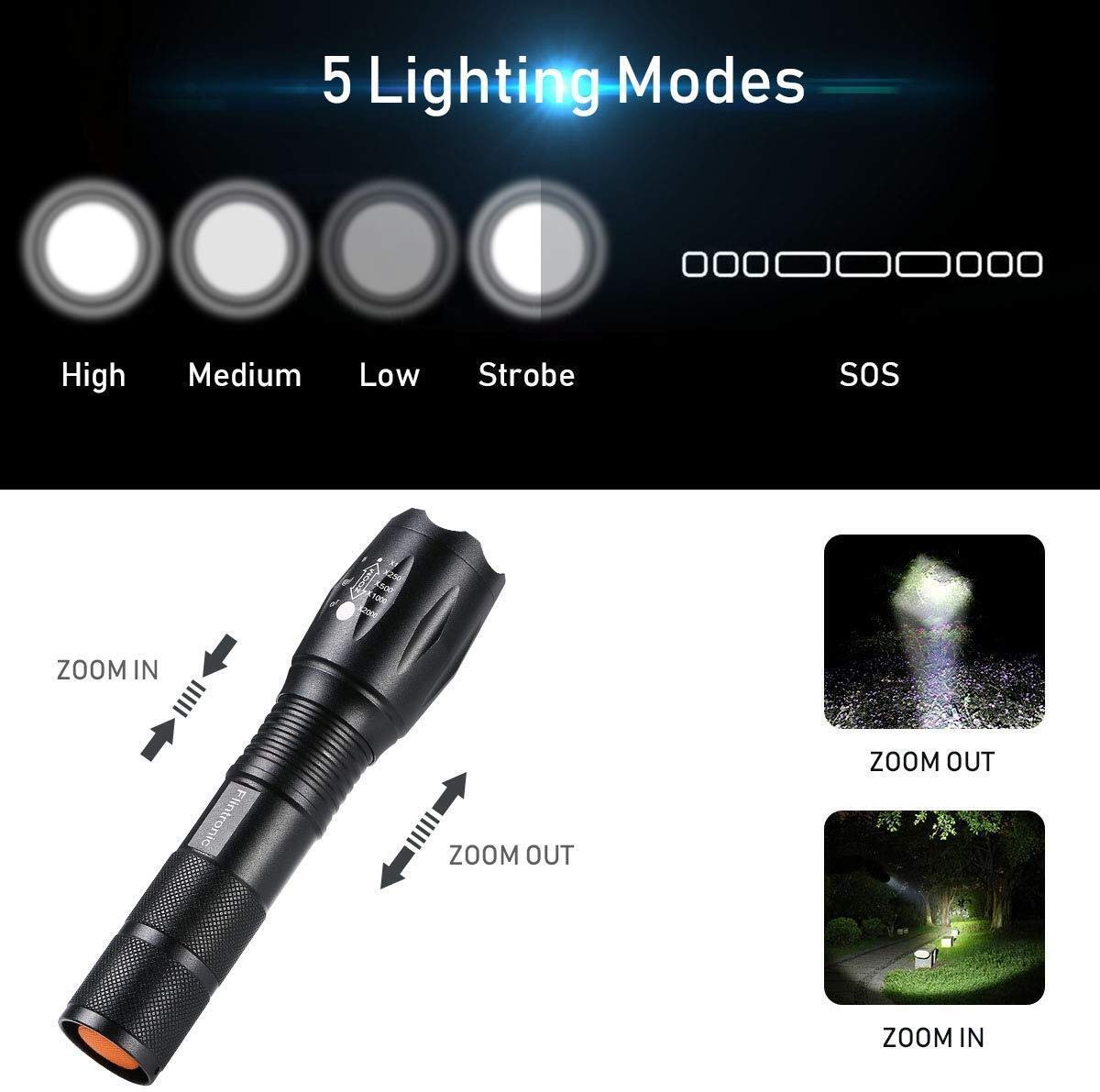 flintronic LED Torch Rechargeable, 2PCS CREE T6 Super Bright 1000Lumens Torch with 2 Batteries, Zoomable Mini Pocket Torch - Image 2