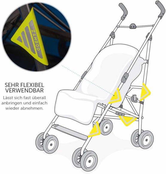Zamboo - 4 Pack Pram Reflectors/Reflective Safety Accessory for Stroller, Bicycle, Bike Trailer, School Bag, Backpack and More - Neon Yellow - Image 4