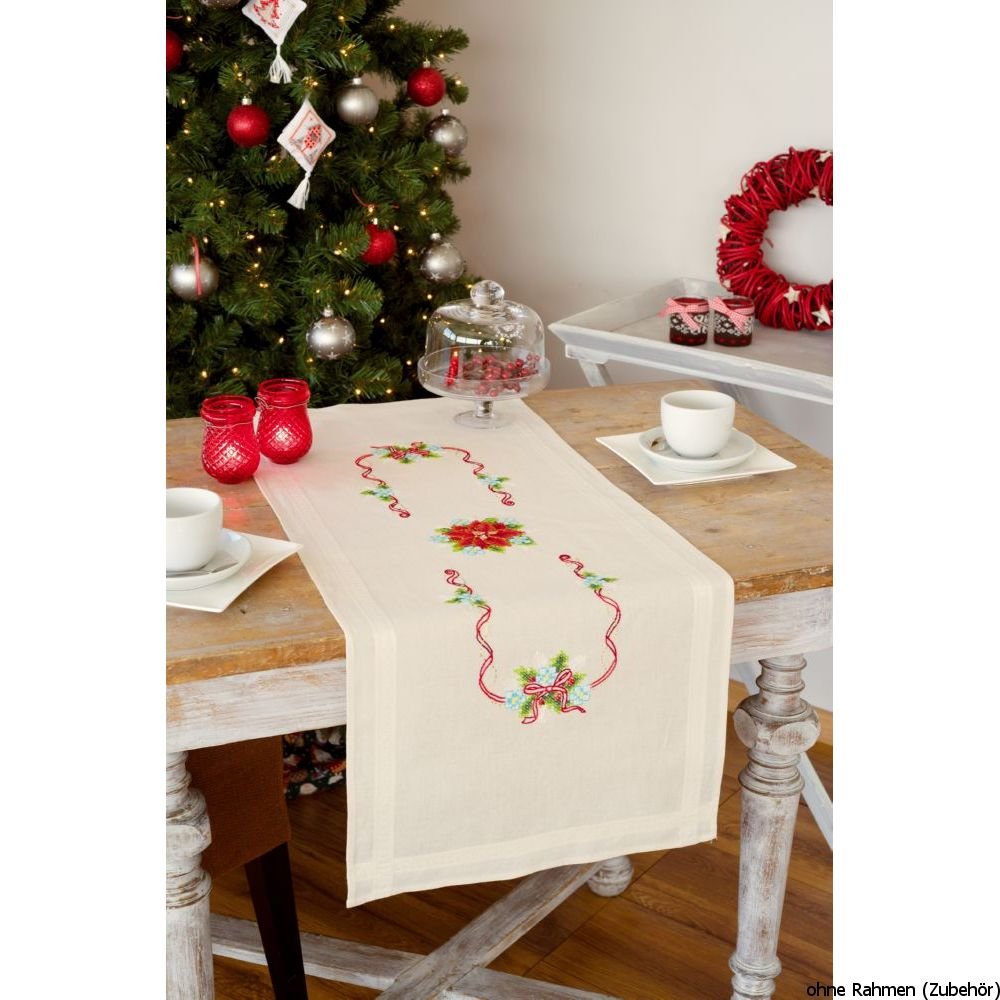 Vervaco Embroidery: Runner: Poinsettia & Ribbon, 100% Cotton, Multi-Colour, 40 x 2 x 20 cm