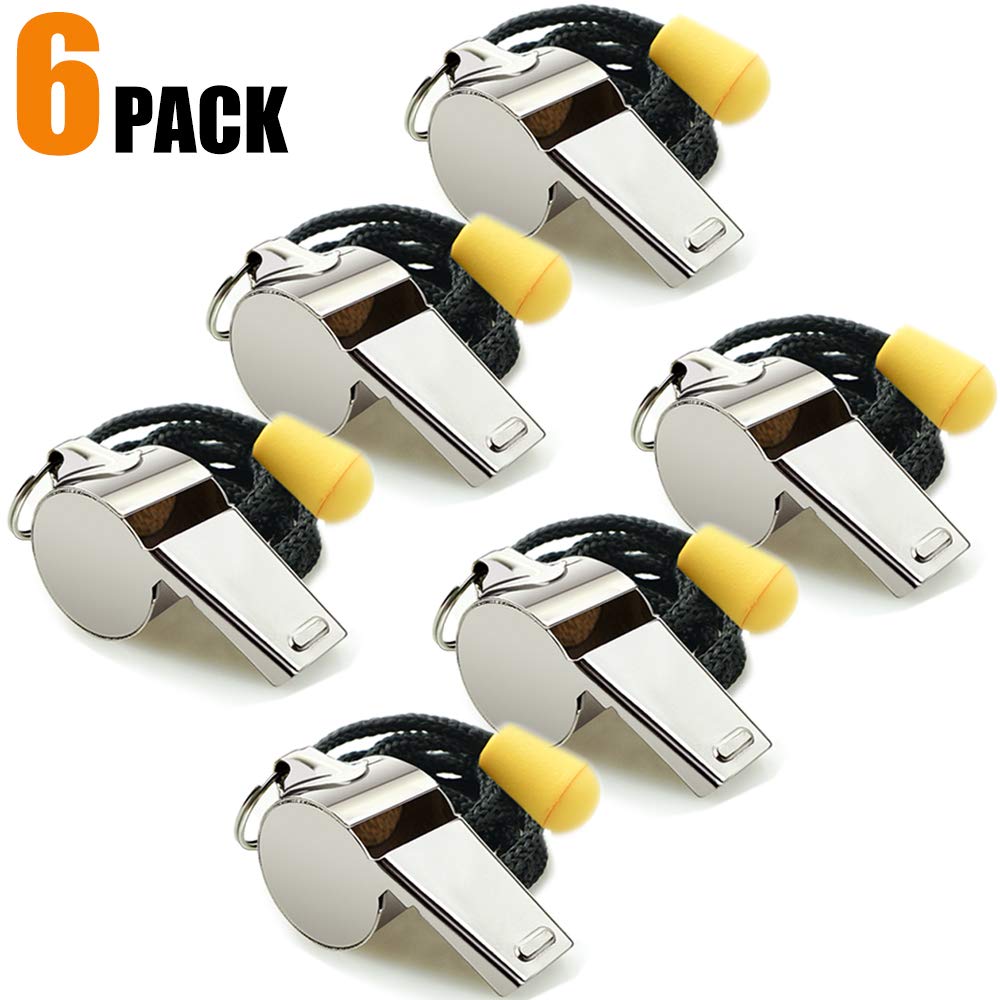 Hipat Whistle, 6 Pack Stainless Steel Sports Whistles with Lanyard, Loud Crisp Sound Whistles Bulk Great for Coaches Referees