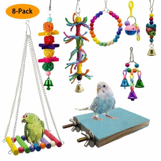 Bird Toys Hanging Swing Shredding Chewing Perches Parrot Toy for Cage Conures Parakeets Cockatiels Macaws Finches Mynah Budgies (Colorful, 8)