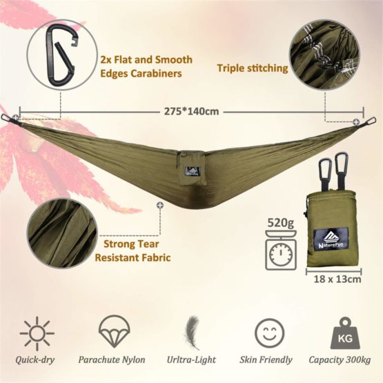 NATUREFUN Ultra-Light Travel Camping Hammock | 300kg Load Capacity,(275 x 140 cm) Breathable,Quick-drying Parachute Nylon | 2 x Premium Carabiners,2 x Nylon Slings Included | Outdoor Indoor Garden - Image 3
