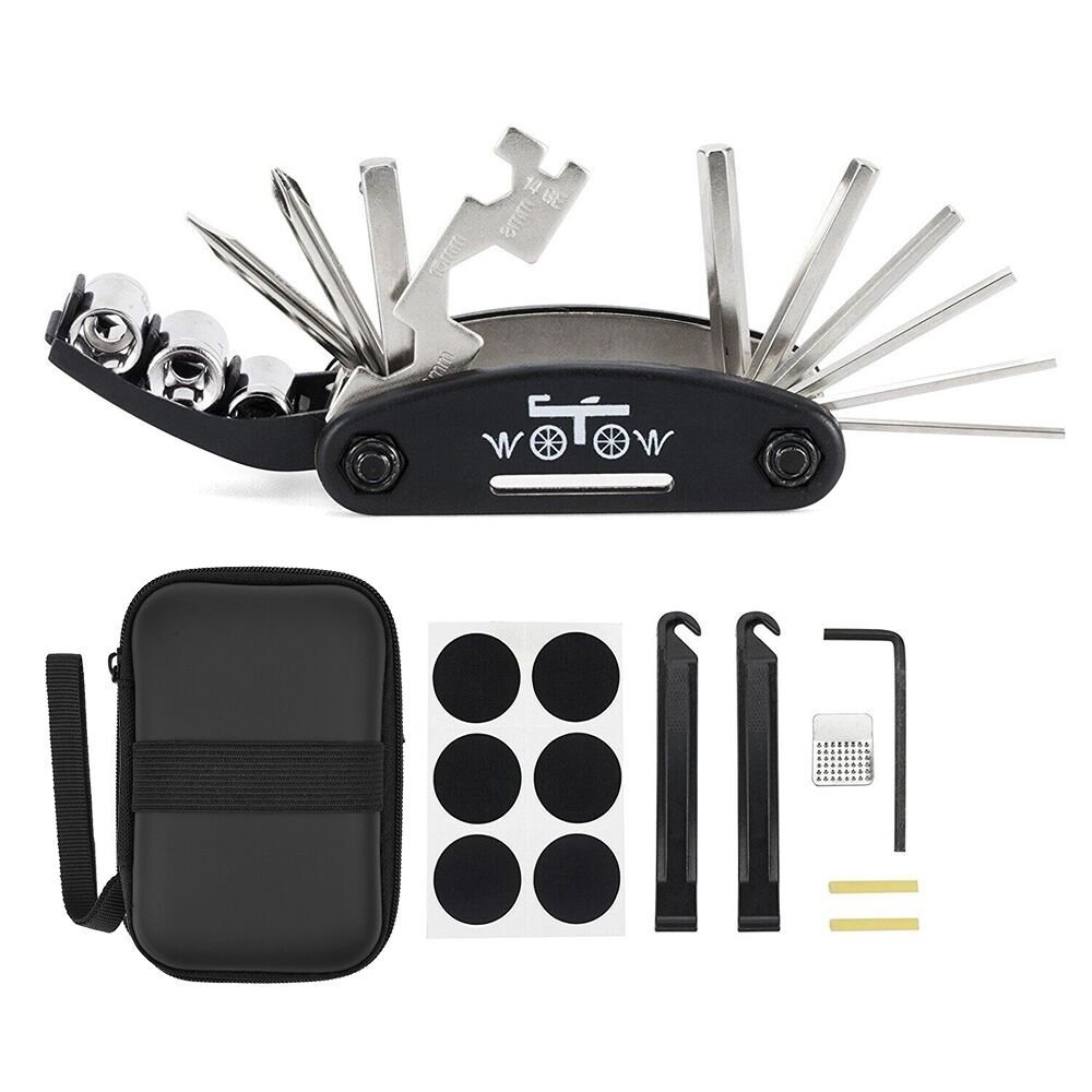 WOTOW 16 in 1 Multi-Function Bike Bicycle Repair Tool Kit Allen Wrench with Tire Pry Bars Rods (Black, 16 in 1 Tool with Bag)
