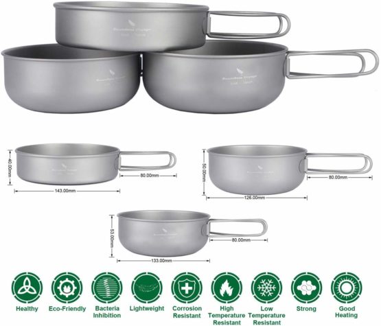Boundless Voyage Outdoor Ultralight 3PCS Titanium Bowl Set Camping Cookware Picnic Titanium Pan - Image 2