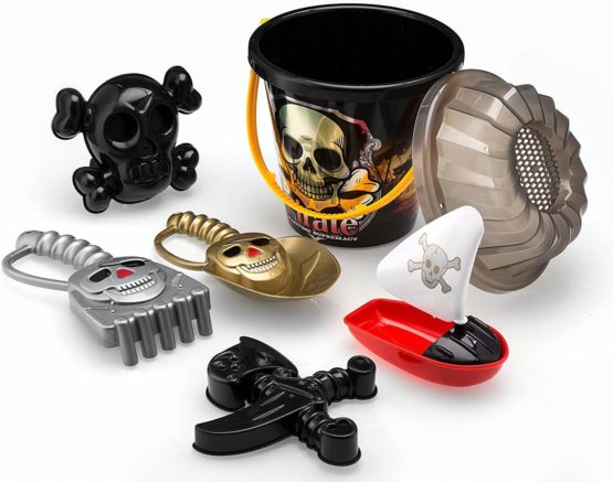 Top Race 6pcs Pirate Sand Mould Beach Toy Set - Includes; Rake Scoop Ship/ Boat Skeleton Crossbones Sword Bucket & Spade - Create Pirates Sands Shapes with The Moulds Toys Packed in Large 7" Pails