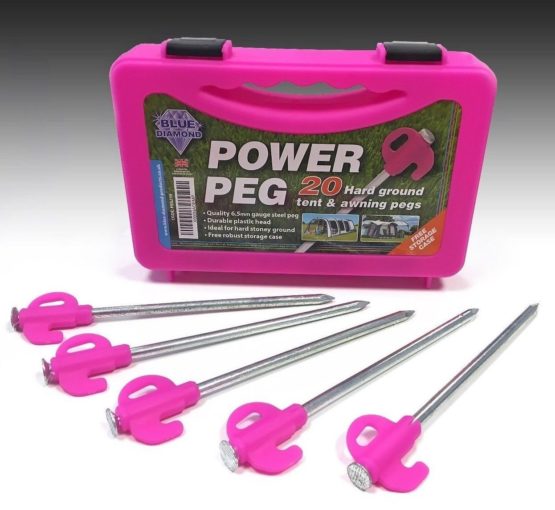 Blue Diamond 20 x Tent Awning Camping Heavy Duty Power Peg Hard Ground Pegs - PINK (Storage Case Included)