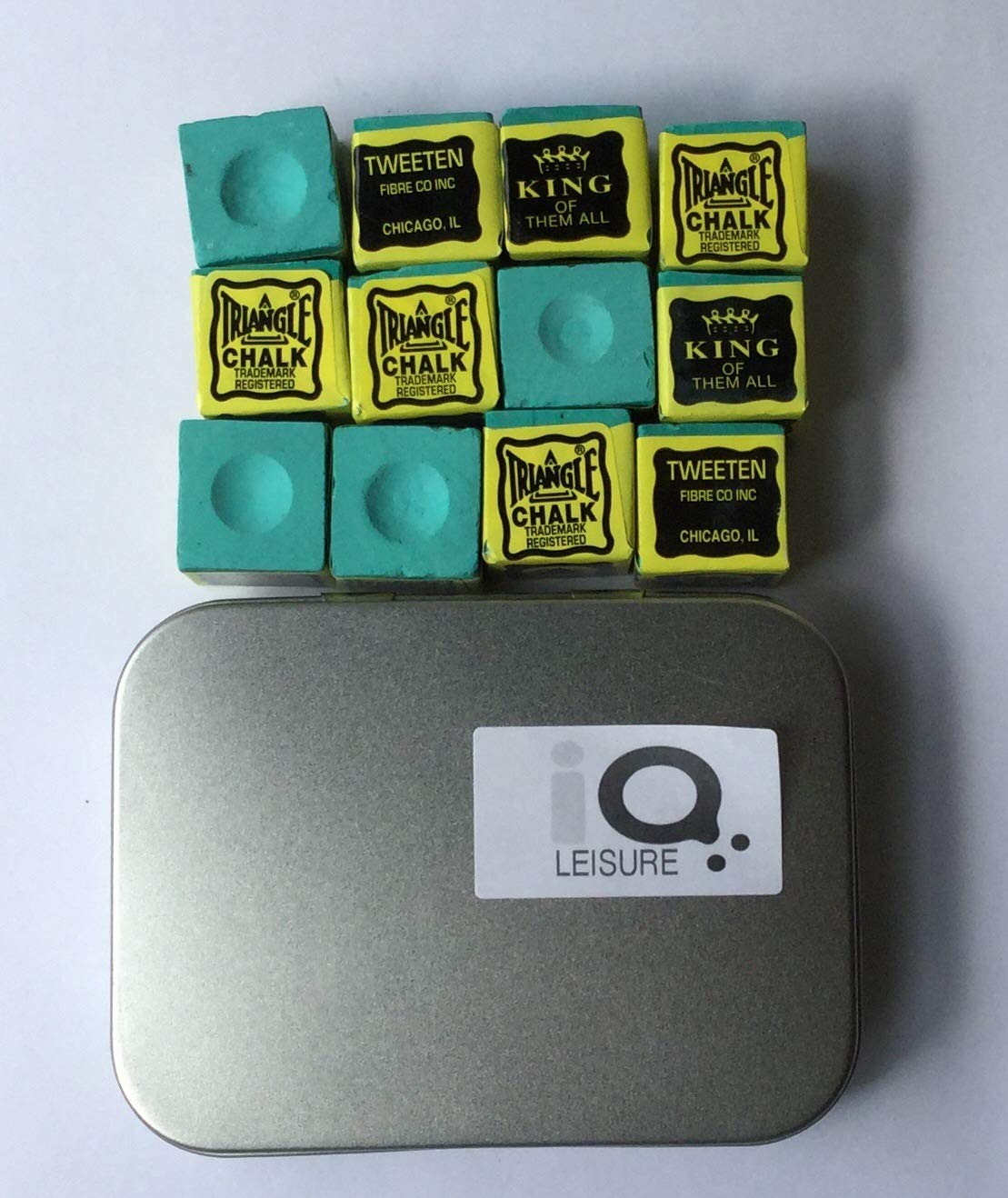 Triangle World famous snooker pool chalk ,12 cubes , in handy iqleisure gift storage tin, Green chalk cubes