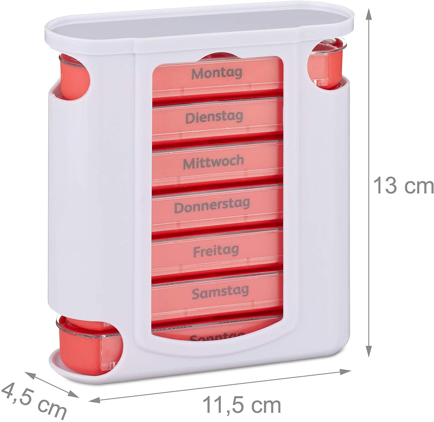 Relaxdays 7-Day Pill Organiser, Weekly Medicine Box, 4 Compartments, Morning, Noon, Evening, Night, White/Red - Image 4