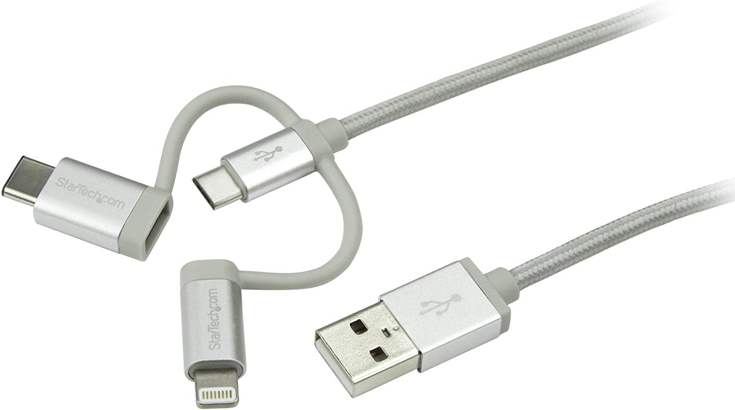 StarTech USB Multi Charging Cable, 3.3 ft / 1m, Lightning/USB-C/Micro-USB, Braided, MFi Certified