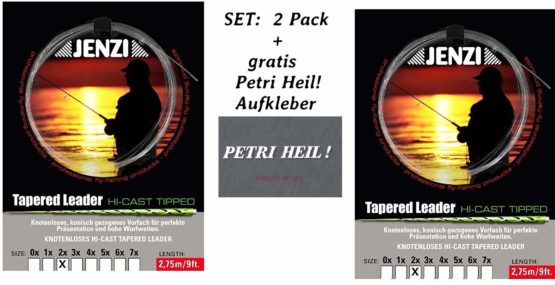 Jenzi Set: 2 Pack Tapered Leader Fly Leader 2X/0.22/0.44 + Free Petri Heil! Sticker