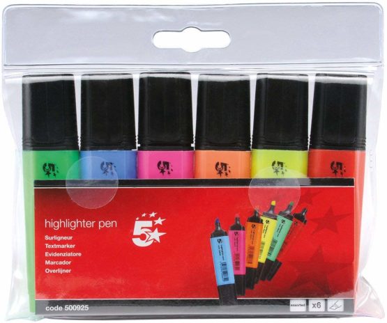 5 Star Highlighters Chisel Tip 1-4mm Line Assorted [Wallet 6]