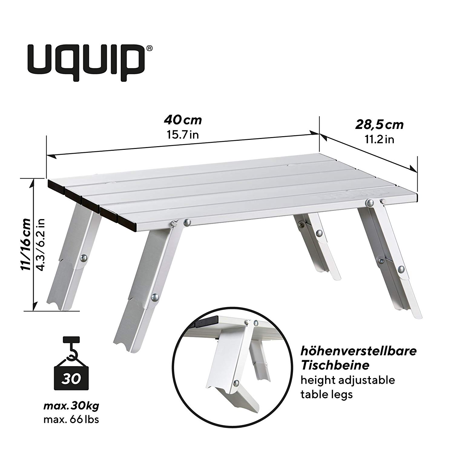 Uquip Handy Aluminium Folding Coffee Table - Adjustable to 2 Heights (11/16 cm), Silver, 40 x 28.5 x (11 ou 16) cm - Image 2