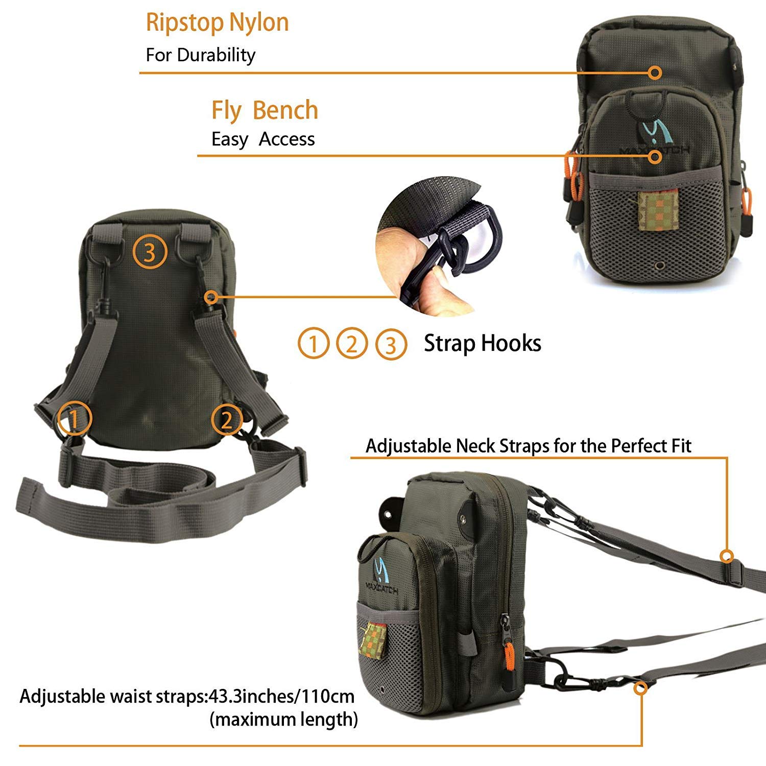 MAXIMUMCATCH Fly Fishing Chest Pack Lightweight Chest Bag (V-Combo Chest Pack), 8.5 inches by 4.8 inches - Image 2