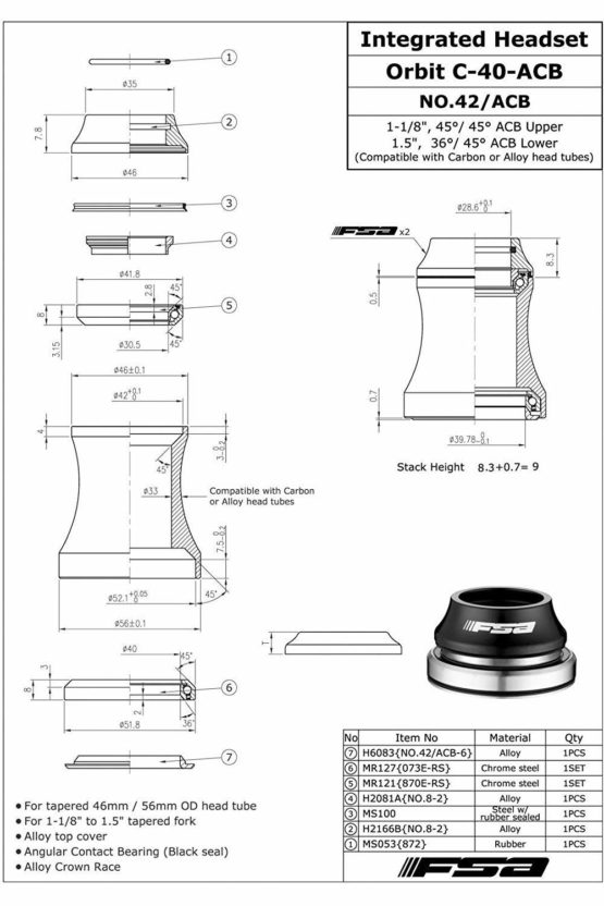 FSA Integrated Headset ORBIT C-40 1-1/8Inches to 1.5Inches Tapered, Black , XTE1519 - Image 4