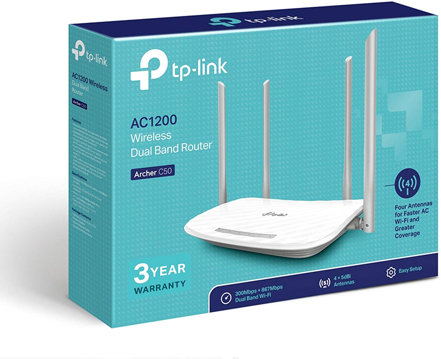 TP-Link Archer C50 AC1200Mbps Wireless Dual-Band WiFi Router, WiFi Speed up to 867 Mbps/5 GHz + 300 Mbps/2.4 GHz - Image 4