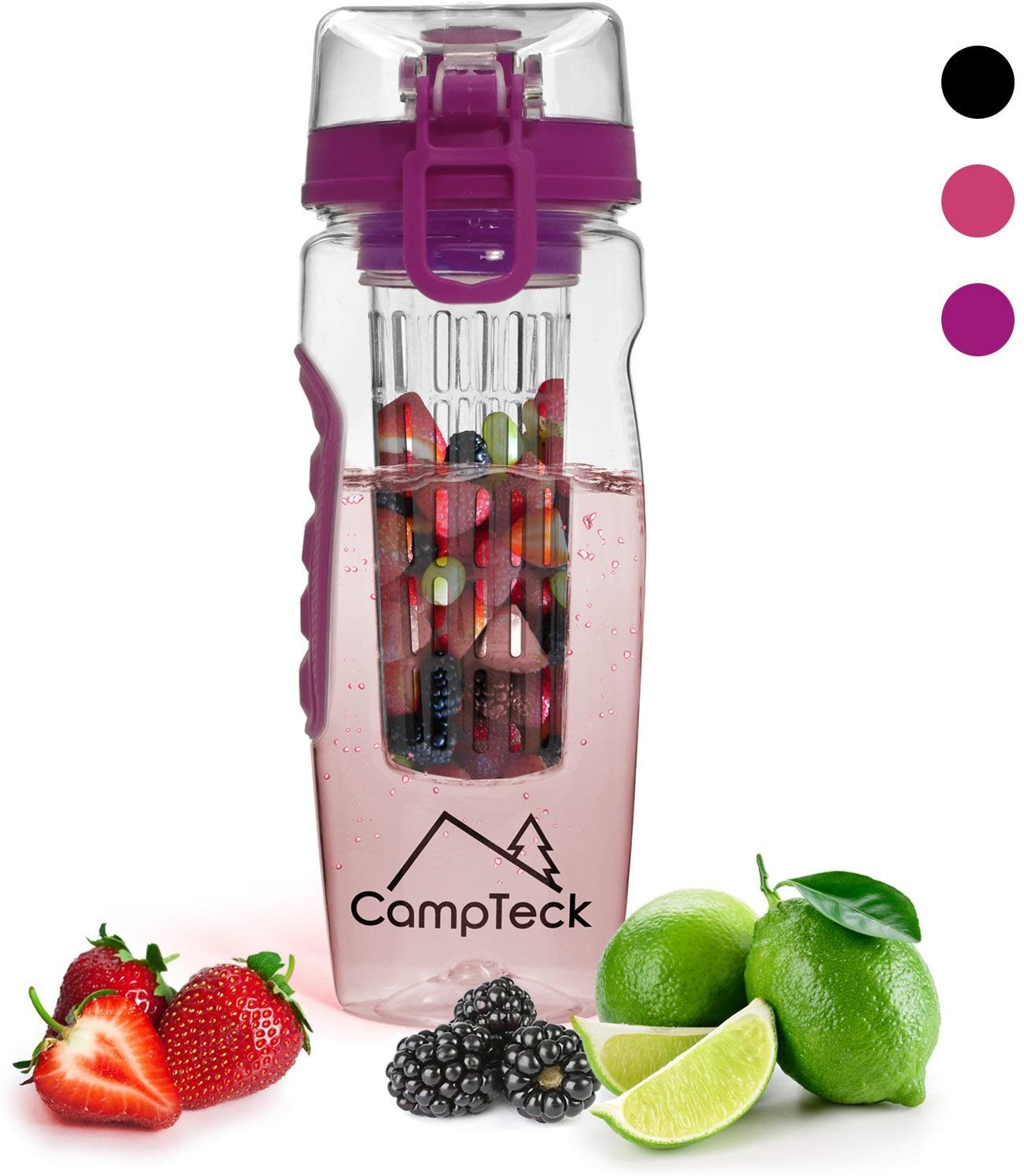 CampTeck U4685 1 Litre 1000ml Fruit Infuser Water Bottle (BPA Free Tritan Plastic) with Leak Proof Lid + Lock & Carry Handle - Purple