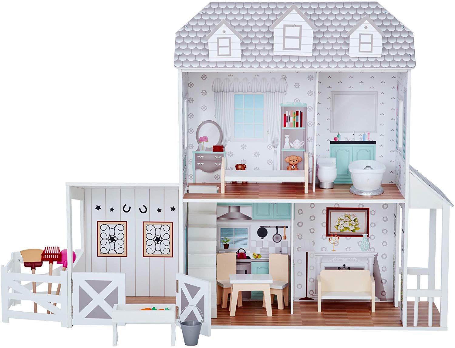 Olivia's Little World Dreamland Farmhouse Wooden Doll House with Horse Stable, Porch, and 14-pc. Accessory Set for 12" Dolls - Image 3