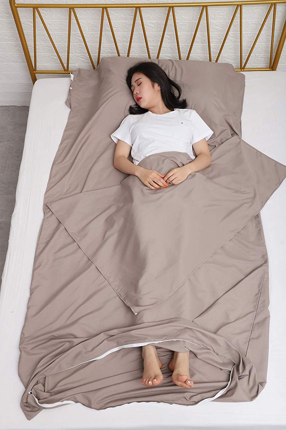 JITTY Sleeping Bag Liner 210x115cm Portable Lightweight Travel Sheet With Pillow Slot for Hotel Hostels Business Camping Backpacking Hiking Home(Khaki) - Image 3